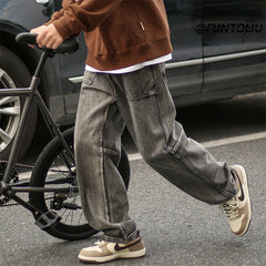 Men Jeans Cargo Jeans Male Autumn and Winter Loose Straight-Leg Trousers