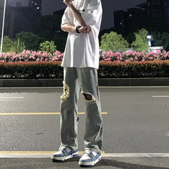 Men Jeans Black Ripped Jeans Summer Trousers Straight Bootcut Trousers