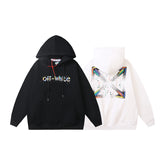 OW Color Letter Arrow Pattern Pullover Fleece Hooded Sweater