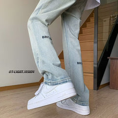Men Jeans Embroidered Jeans Slim Fit Bootcut Pants