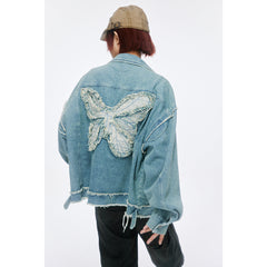 Unisex Jacket Butterfly Embroidery Washed Denim Jacket Loose Jacket
