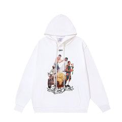 OW black character print pattern pullover hooded sweater