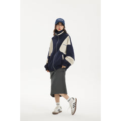 Unisex Jacket Vintage Colorblock Hood Coat Loose Sports Top