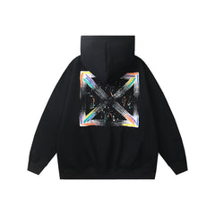OW Color Letter Arrow Pattern Pullover Fleece Hooded Sweater