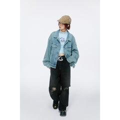 Unisex Jacket Butterfly Embroidery Washed Denim Jacket Loose Jacket