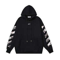 OW Newspaper Letter Arrow Pattern Pullover Hooded Sweater