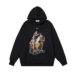 OW black character print pattern pullover hooded sweater