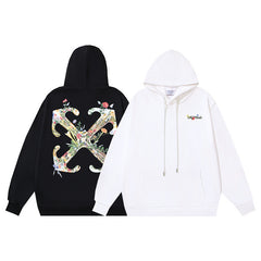 OW Botanical Flower Print Pattern Pullover Hooded Sweater