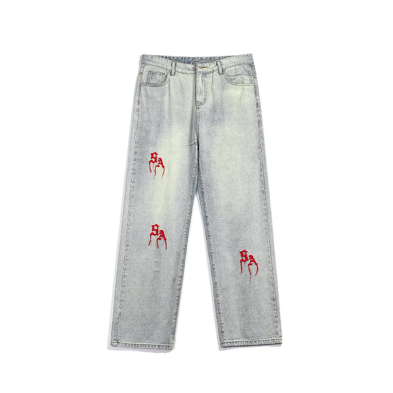 Men Jeans Embroidered Jeans Men's Spring Wide Leg Pants Spring and Autumn Straight-Leg Pants