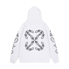 OW embroidered cashew flower pattern pullover hooded sweater