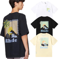 Rhude T Shirts Coconut Racing Printed Cotton Casual Short Sleeves Men and Women