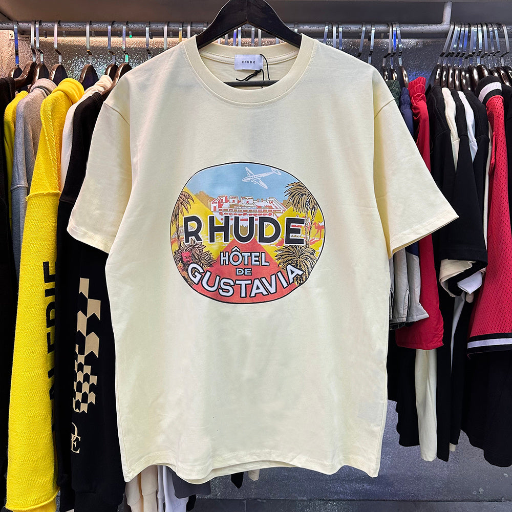 Rhude T Shirts Gustavia Hotel Printed Cotton Casual Short Sleeves Men's and Women's