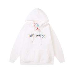 OW Color Letter Arrow Pattern Pullover Fleece Hooded Sweater