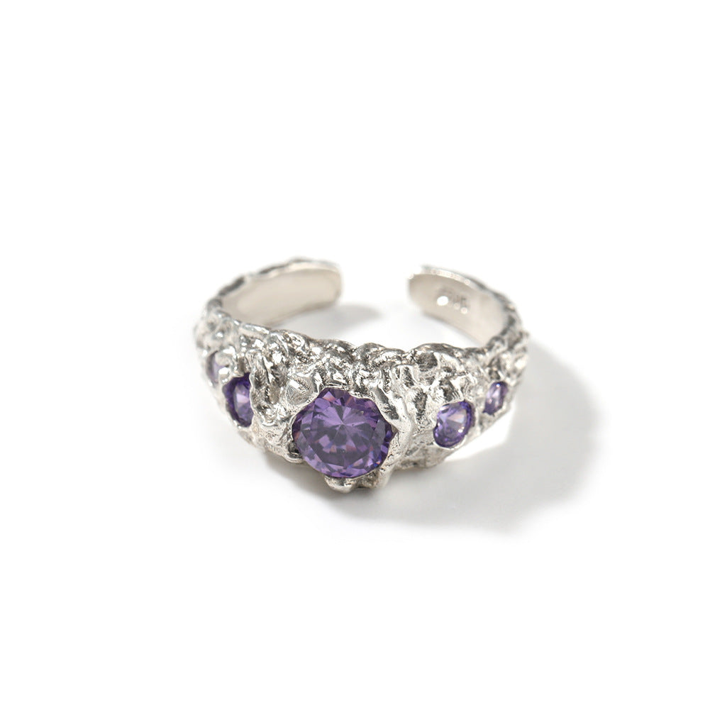 Rings Hip Hop Niche 925 Silver Ring Purple Zircon Spectrum