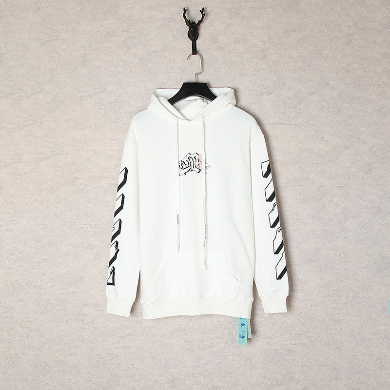 OW curved arrow pattern pullover hooded sweater
