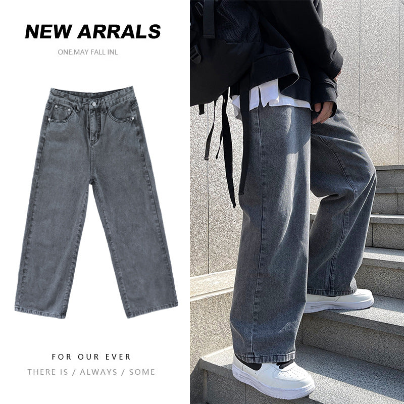 Men Jeans Spring and Autumn Straight Wide-Leg Pants Loose Light Color Trousers