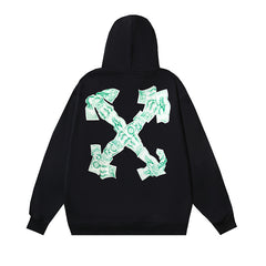 OW banknote letter arrow print pattern hooded sweater