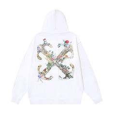 OW Botanical Flower Print Pattern Pullover Hooded Sweater