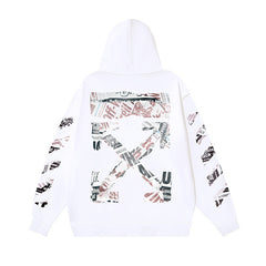 OW Newspaper Letter Arrow Pattern Pullover Hooded Sweater