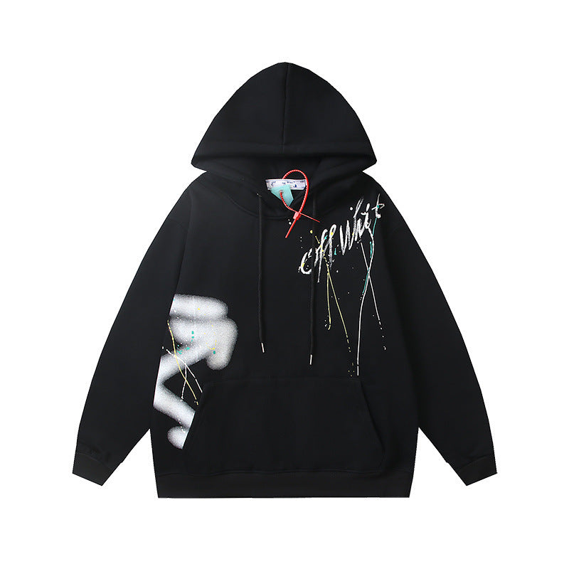OW splashed ink arrow pattern sleeves fleece hooded sweater