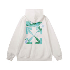 OW Flower Arrow Pattern Fleece Pullover Hooded Sweatshirt