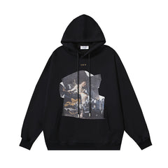 OW oil painting pleated art print pullover hooded sweater