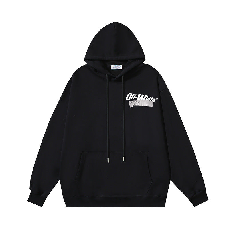OW tape printed pattern pullover hooded sweater