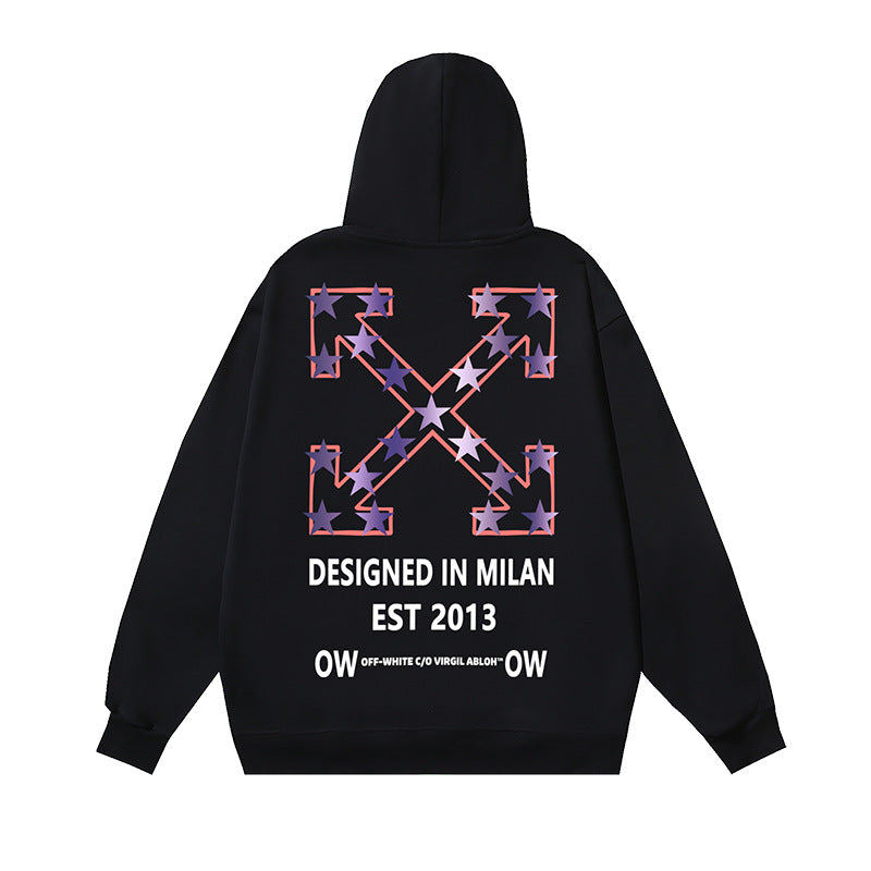 OW Star Letter Arrow Pattern Pullover Hooded Sweater