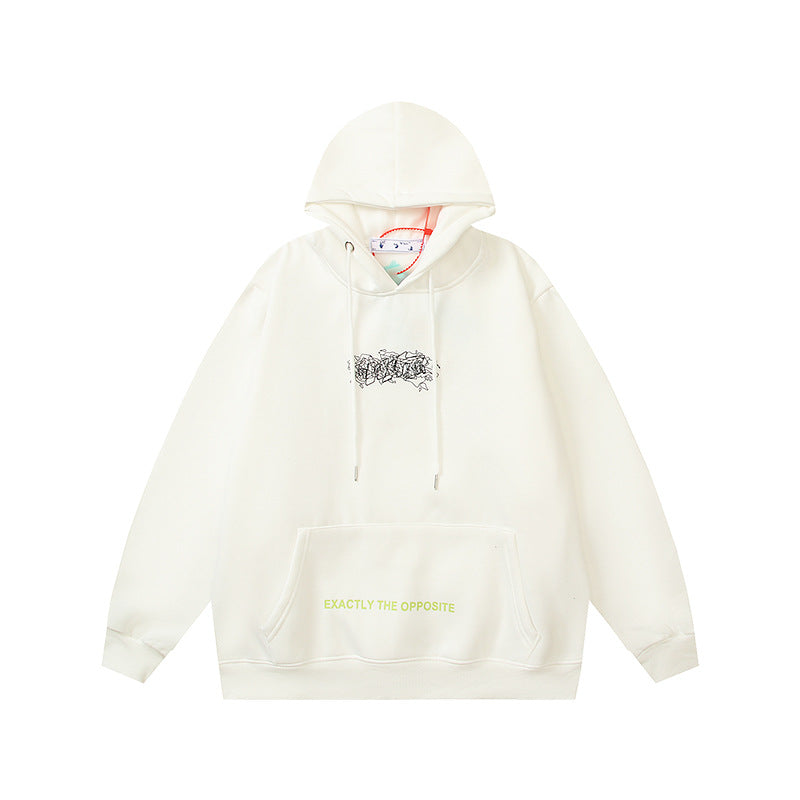 OW Chaos Letter Print Pattern Fleece Hooded Sweater