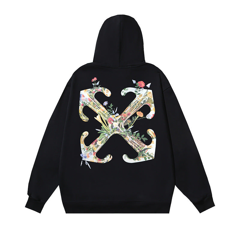 OW Botanical Flower Print Pattern Pullover Hooded Sweater
