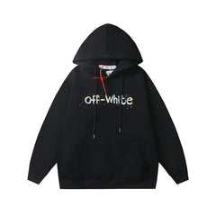 OW Color Letter Arrow Pattern Pullover Fleece Hooded Sweater