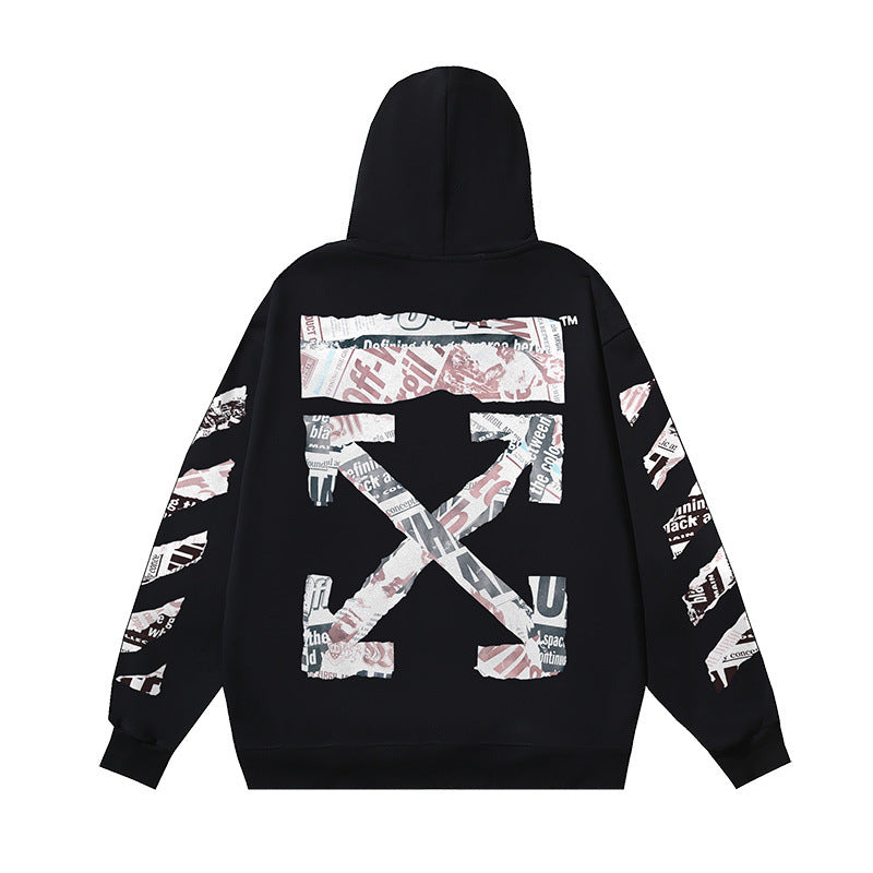 OW Newspaper Letter Arrow Pattern Pullover Hooded Sweater