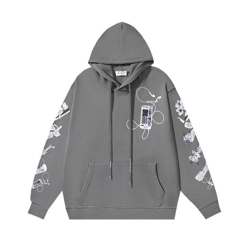 OW mobile phone floral earphone print pattern hooded sweater