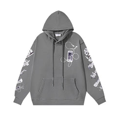 OW mobile phone floral earphone print pattern hooded sweater