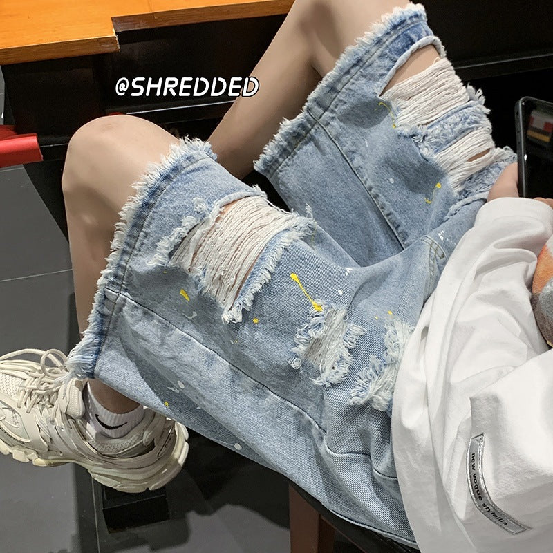 Men Jeans Ripped Denim Shorts Men's Summer Washed Loose Shorts