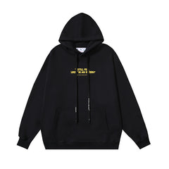 OW Yellow Letter Pattern Hooded Pullover Sweater