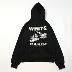 OW excavator letter pattern fleece hooded sweater